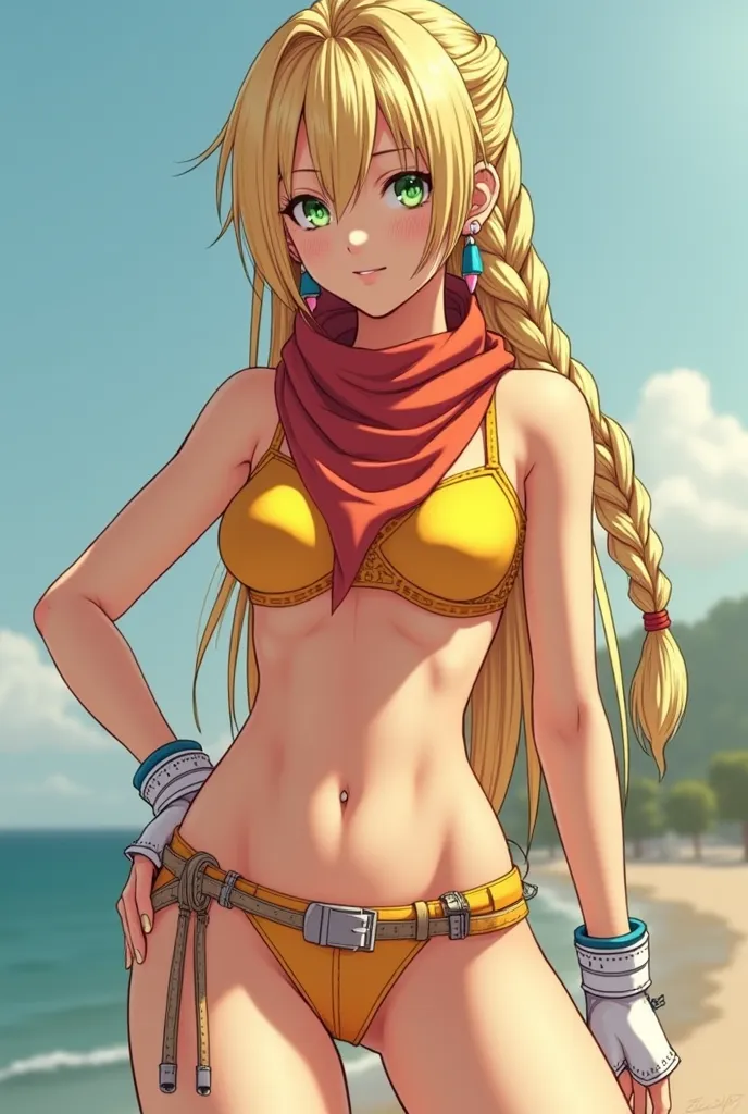 Rikku is very sexy and sexy,  slim , Athletic girl with blonde hair. Rikku has green eyes with spiral pupils unique to Al-Bhad.  some of the strands are braided ,  The hair is generally looser .  The hair is generally looser : hair raised up ,  In Final Fa...