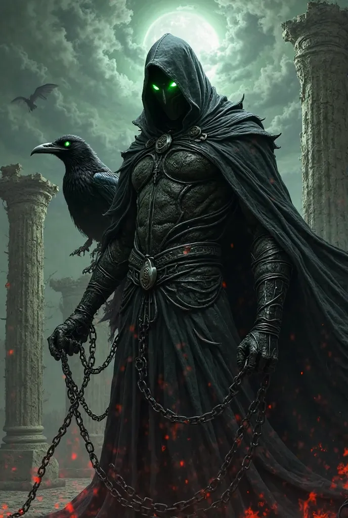 Create an image of Spawn, his black cloak billowing in the wind, his glowing green eye shining from beneath his hood, holding chains that wrap around his body in preparation for battle. Beside him, show a raven with deep black feathers that glisten in the ...