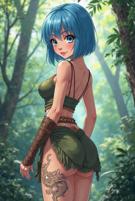 Anime girl, Bulma from Dragon Ball, masterpiece, high quality, high resolution, photorealistic, high resolution, RAW photo, (Amazon warrior outfit standing in the middle of the jungle), ((a young, young woman in the middle of the jungle, with blue hair is ...