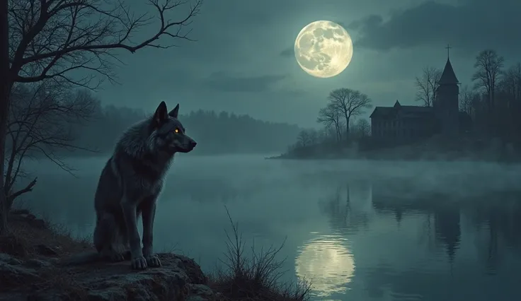 Under the eerie glow of a full moon, a lone werewolf stands at the edge of a mist-covered lake, its reflection split between man and beast. Its fur bristles in the cold night air, golden eyes filled with sorrow and longing. In the distance, the ruins of an...