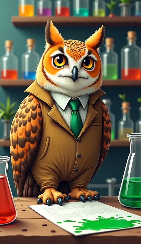 Make a realistic drawing of a MATURE OWL DRESSED AS A PROFESSOR IN A TREE HOUSE LABORATORY WITH AN ORANGE CAT MARTURE . Background of several bottles filled with colorful liquids and there is a green liquid spilled on the table that hits the paper