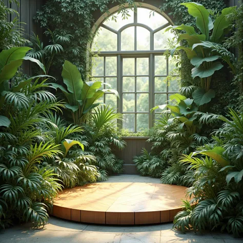 "Create an indoor greenhouse-inspired setting featuring a round wooden platform as the centerpiece. The surrounding area should be filled with different species of lush green plants, and the background should have a stylish arched alcove to frame the displ...