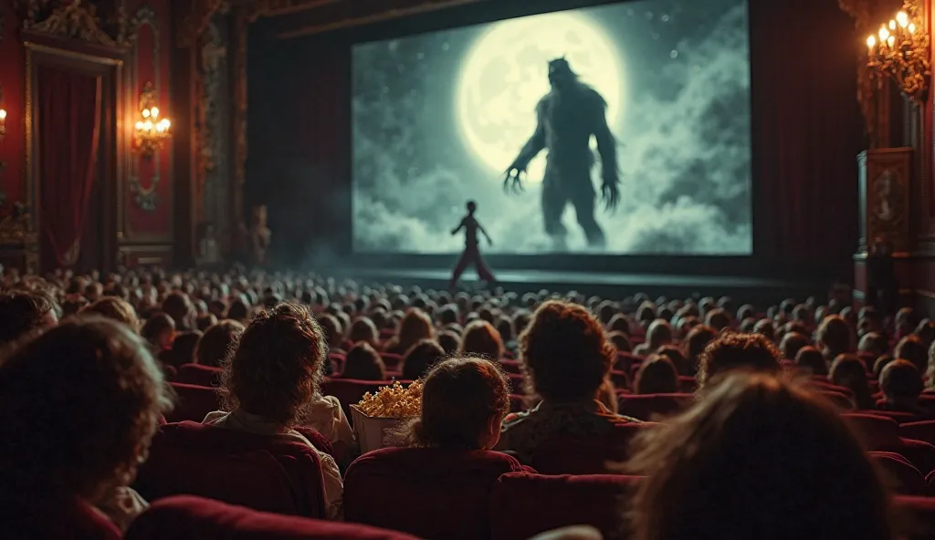 "A grand 1941 movie theater packed with an eager audience, their faces illuminated by the flickering light of the silver screen. On the screen, the terrifying transformation of The Wolfman unfolds—his human face contorting, fur sprouting, hands twisting in...