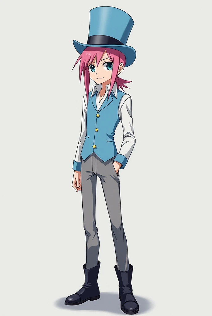 A young man, slim pale body, tall, long side bangs, pink streaked mullet, dark blue eyes, hurt expression , wearing a blue collared shirt with light blue waistcoat, gray trousers and black boots with light blue top hat. Anime
