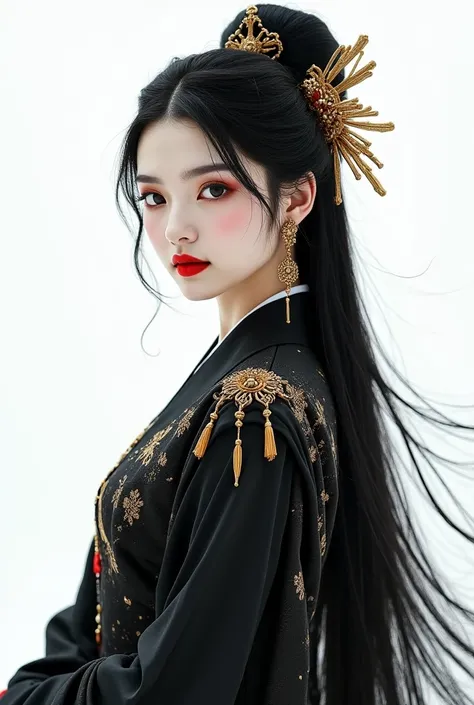  a woman,  elegant, ink,armor, ((2.5D)), black hair,   floating hair  , delicate eyes, Hanfu in antique black damask with gold details, Field of view, (F1.8), (Masterpiece), ( photographic portrait), toma frontal , white background, (  Movie Poster) elegan...