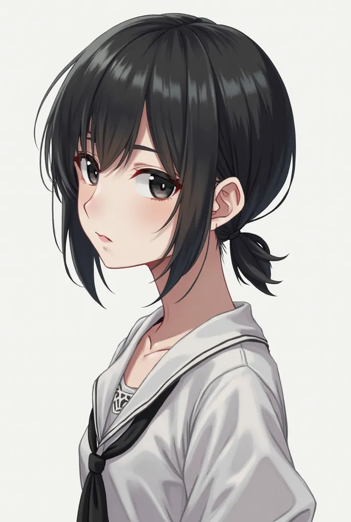 Person with somewhat androgynous characteristics,  with black hair, tied in a low ponytail, a fringe that partially covers the eyes and located slightly to the right, black and slanted eyes, skin as pale as paper, slim and flat body with anime features