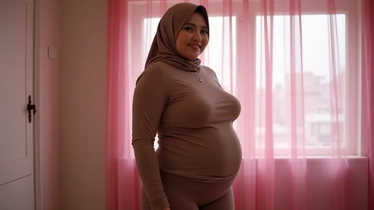 sexy indonesian women, Woman face of Indonesia, Langsat yellow skin,  45 years old , wears tight long hijab light brown, wears a light brown long tight full body t-shirt, wears tight brown leggings, fat posture, postur chubby,  plump, bohai, bahenol, cubby...