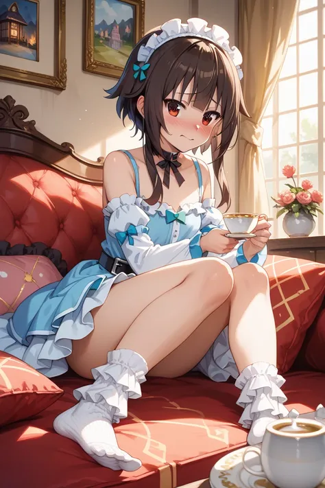 めぐみん、is sitting、ruffle socks、 A cup、embarrassing、 erotic pictures created by AI