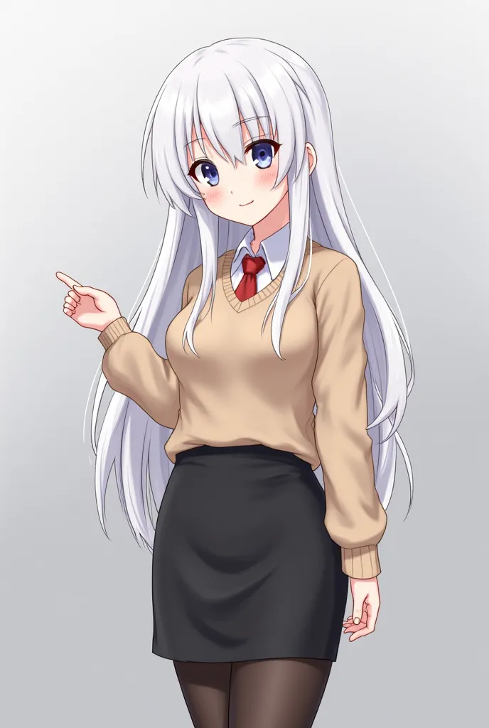 (((high resolution)))、(((masterpiece))) ((long white hair)), youthful looking, Middle School Girl, Very Short Girl, petite, loli, Young Girl, beautiful girl、perfect face、cute face、big breasts、Plump thighs、((sweater))、(((short tight pencil skirt)))、((tights...