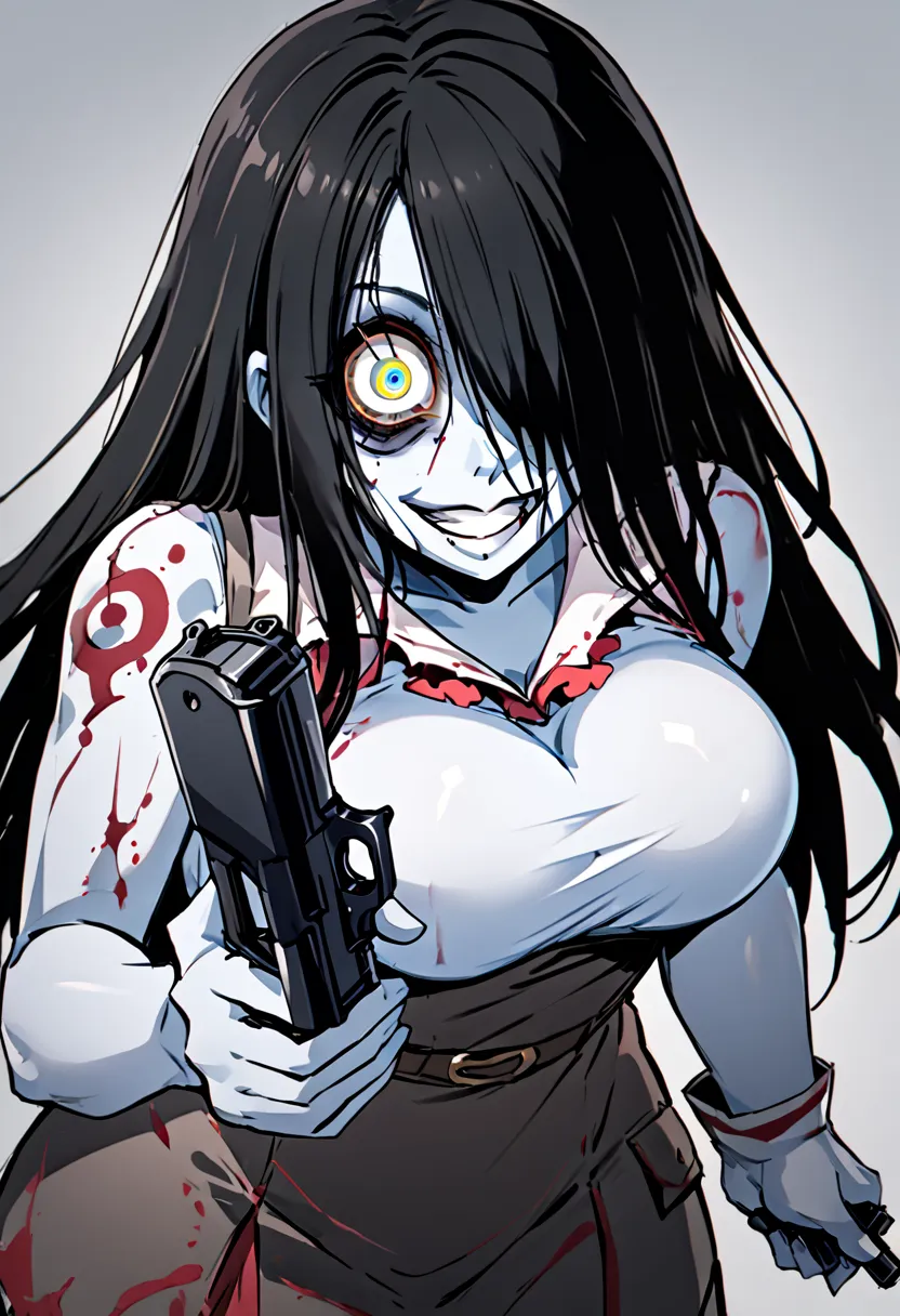  1girl ,long hair,black hair,colored skin,grey skin,hair over one eye,Big Breasts、handgun, holding gun, holding weapon, dual wielding, finger on trigger、smile, grin, crazy eyes