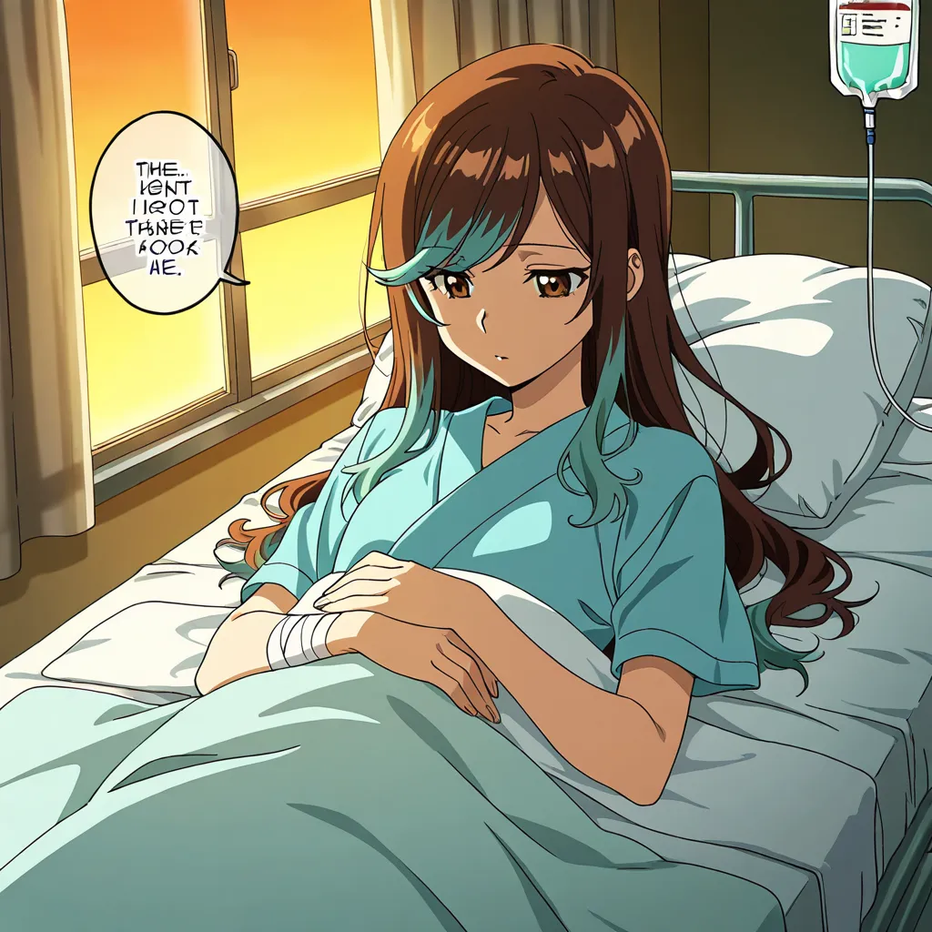 masterpiece, best quality, amazing quality, swept bangs, dried blood, comic strip, speech bubble, very long brown hair with teal highlights, thin, brown eyes, hospital gown, bandages, girl laying in bed, iv bags, iv station, oversized hospital room, window...