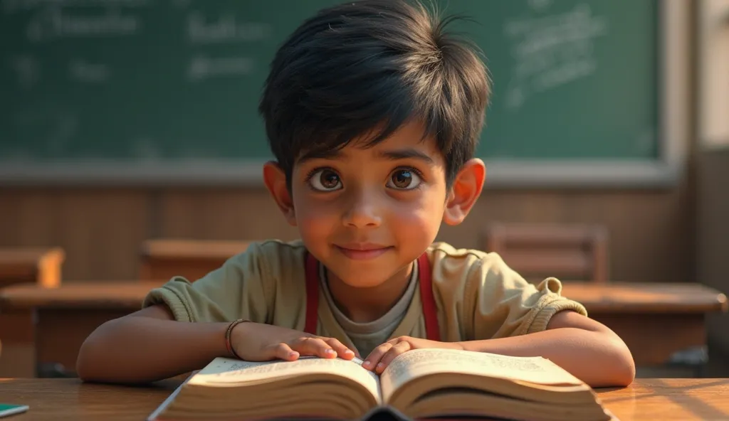  age indian boy sitting in classroom and reading book