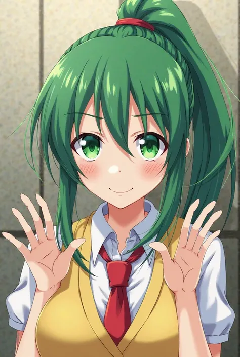 score_9, score_8_up, score_7_up, source_anime, hand in panties, 1girl,  Mion Sonozaki, green eyes, ponytail, green hair, white shirt, red necktie, yellow vest,