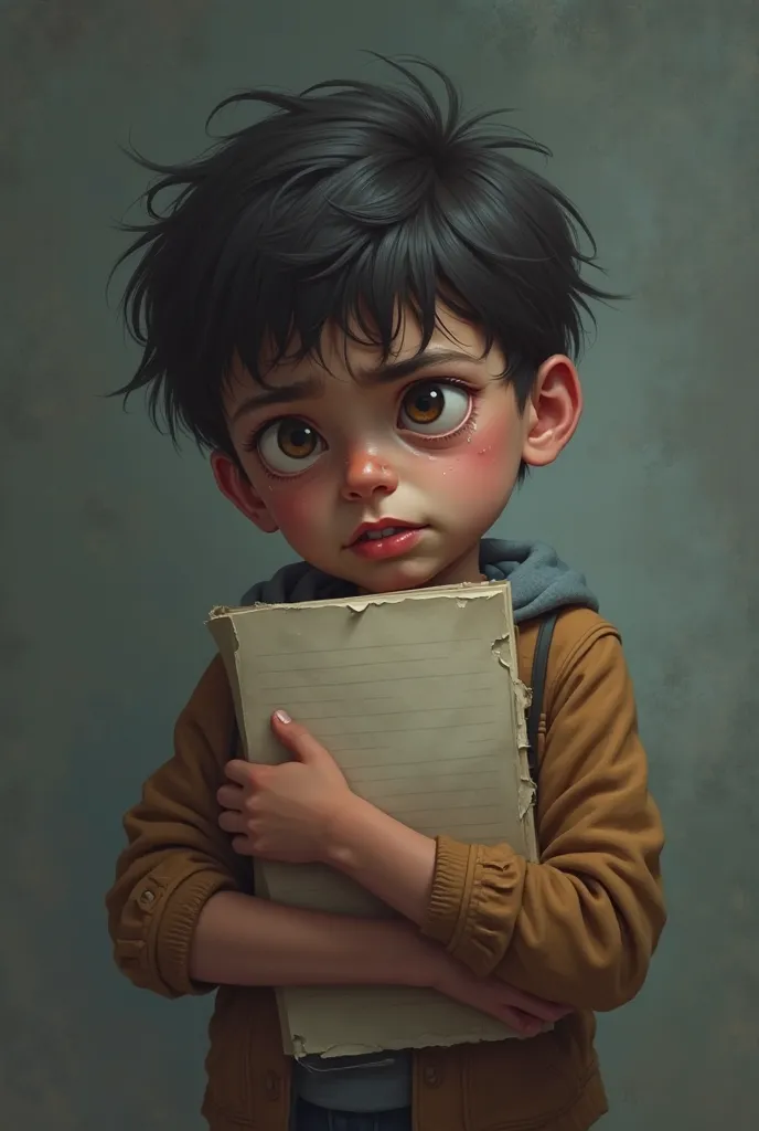 Crying boy holding his assignment notebook