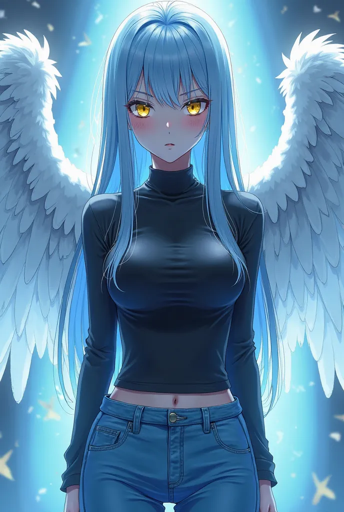 Anime form, a girl,  Long light blue hair , Yellow irises ,black long sleeve shirt,Big breasts, pure blue jeans, medium thighs,bright white angel wings,  serious expression,blue light background 