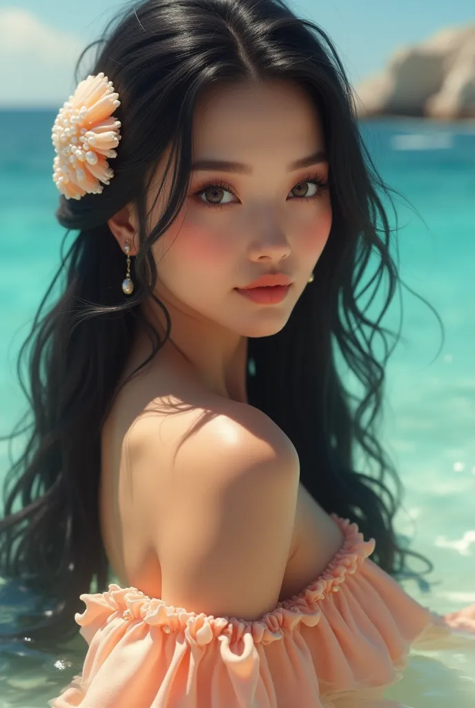 Beautiful Real Looking Woman, long silky black hair put up with a Beautiful Seashell and decorated with Stuning Pearls , her Eyes peach colour with Super Black and Peach Glowing smoking Makeup, Beautiful Luxury Woman Eyes with little tiny pearls on her Eye...