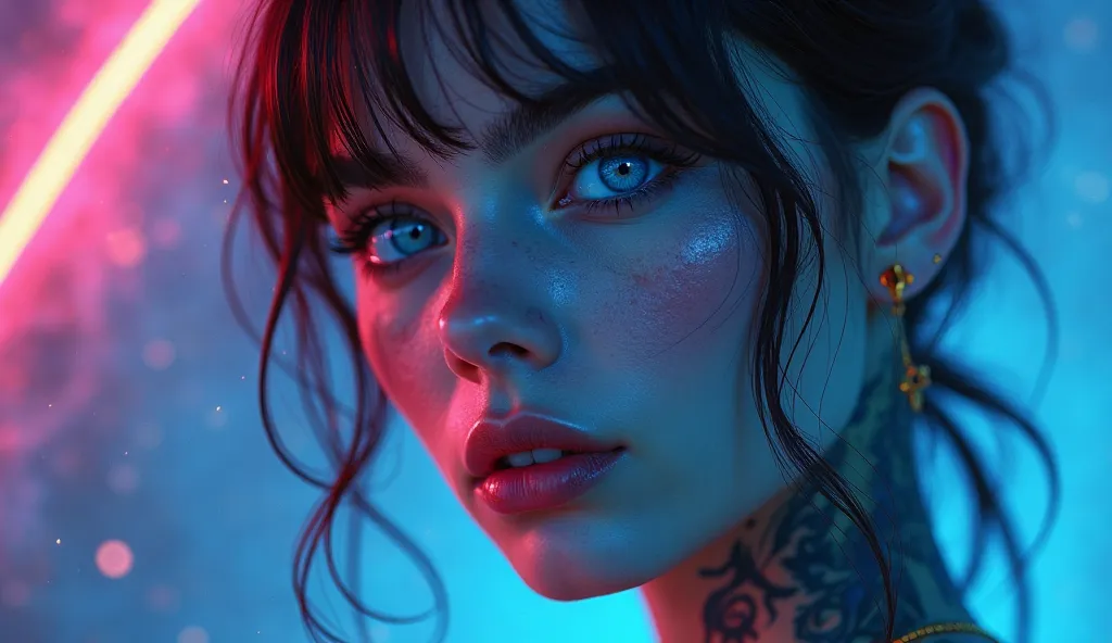 magical beauty, neon, tattooed girl, photorealistic,  in full, high quality, 4K, sapphire eyes ,  macro photography , hipster