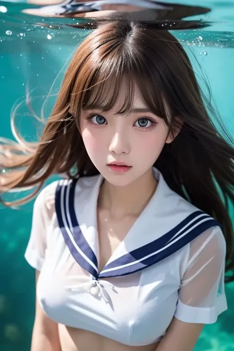 ( see-through:1.3),White sailor suit, sailor dress ,  White Theme , school uniform,  sailor suit ,  stare at viewers,  Madness,  long disheveled hair ,   beautiful eyes in every detail  ,Hair shines,Dramatic angle, blue sailor color ,  Plump Boobs , ogipot...