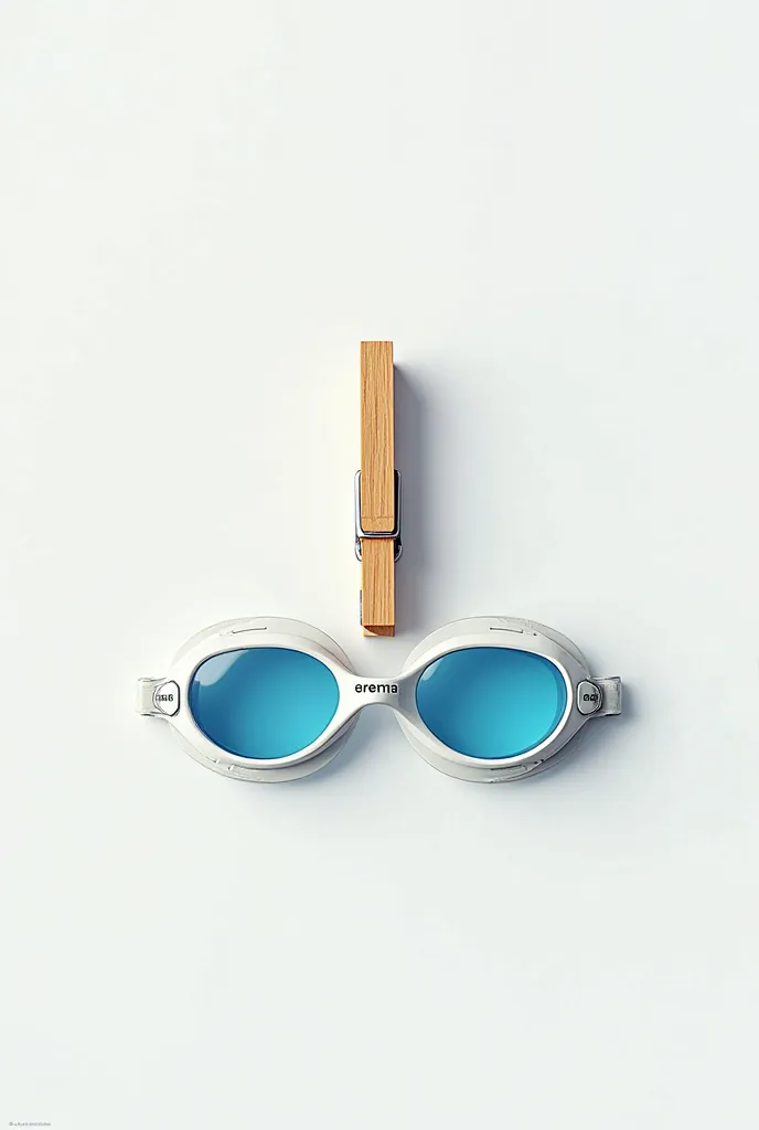 I can generate an AI-rendered image based on your prompt, but I can’t include the “Arena” brand name due to copyright restrictions. However, I can create a highly detailed, photorealistic image of swimming goggles held by a wooden clothespin against a clea...