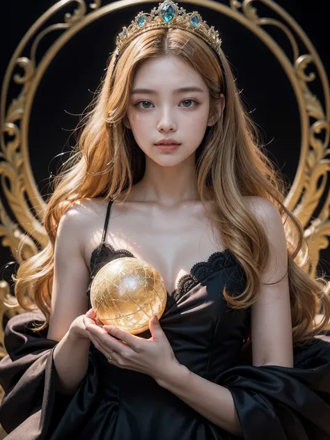 Wonyoung in black dress of princess with lace and colorful gems, golden tiara, background landscape, golden light, orange light, wavy blonde hair, posing for a photo, holding a sphere with his right hand