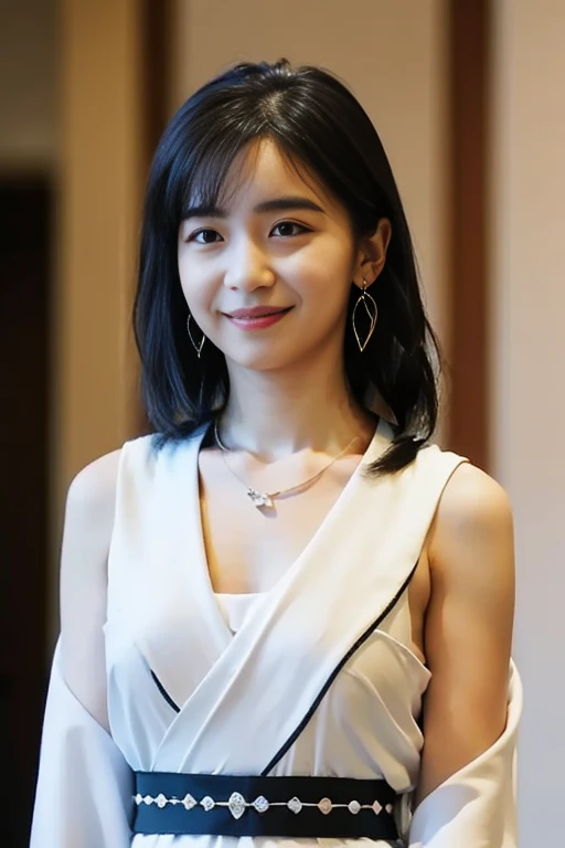 1 girl, alone,   jewelry, Sleeveless, necklaces, blue beaded earrings, The skirt is also Yoona FFX ,
super high definition, upper body, photos,  photosrealistic, very well detailed, detailed faces, alone cute woman, royal palace,
 medium breasted star piec...