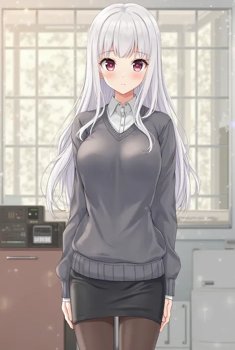 (((high resolution)))、(((masterpiece))) ((long white hair)), youthful looking, Middle School Girl, Very Short Girl, petite, loli, Young Girl, beautiful girl、perfect face、cute face、big breasts、Plump thighs、((sweater))、(((short tight pencil skirt)))、((tights...