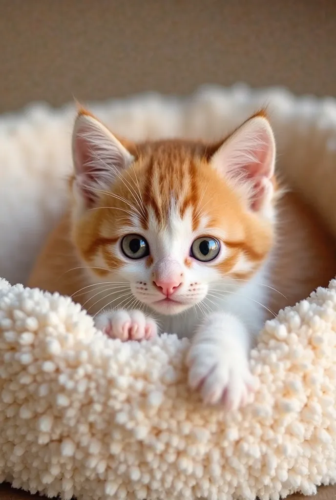 "A tiny, fluffy orange and white kitten with big, round, glossy black eyes is lying comfortably in a plush, cream-colored pet bed. The kitten’s soft fur is a blend of warm orange and white, with delicate tabby markings on its forehead and back. Its ears ar...