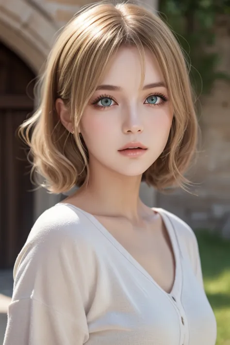  One girl , masterpiece,  top quality , 8k,  detailed skin texture, DETAILED CLOTH TEXTURE,  beautiful detailed face photographed outdoors,  complicated details,  Ultra Detailed ,  European style girl,  green eyes, Blonde Curly Hair】,  3D character ,  medi...