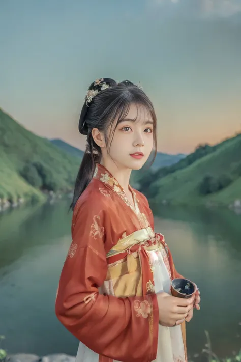 best quality and best,masterpiece,超Hi-Res,(photorealistic:1.4),8K RAWフォト, Hi-Res,Ancient Chinese Red Hanfu,Beautiful Patterns ,beautiful eye details, long lashes, RAW Photos, towards the viewer, upper body, Closeup Shot, (((  Landscape Background ))),(((1 ...