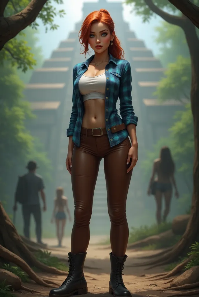 full bodyn sexy beauty archaeologist, thin, tall, red long tied hair, green eyes, red lips, white skin, athletic, slim, tight brown leather pants, blue flannel shirt, black high boots, wide leather belt, standing in a primeval forest, Aztecs blurred into t...