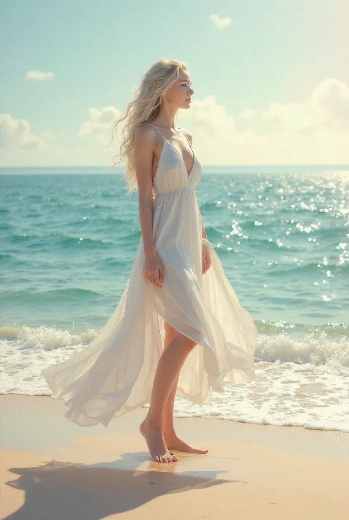 Zarya in a flowing white dress, barefoot on a private beach, watching the waves crash softly.