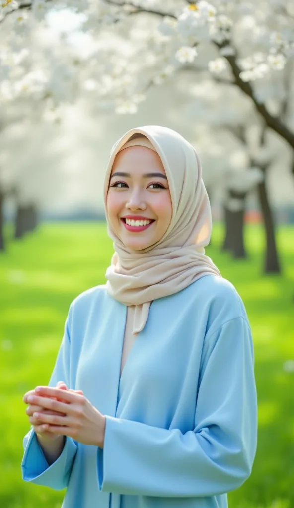 A joyful woman stands in a green field, under falling cherry blossoms.She is wearing a light blue dress and a cream hijab, her face is illuminated by a cheerful smile, capturing a moment of happiness.The soft, diffused lighting enhances the gentle and sere...