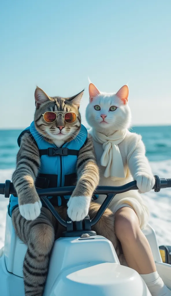 Un chat gris tigré et une chatte blanche assis ensemble sur un jet-ski en pleine mer, les yeux brillants d’excitation. Le chat gris tient fermement les commandes en portant un gilet de sauvetage bleu et des lunettes de soleil, tandis que la chatte blanche ...