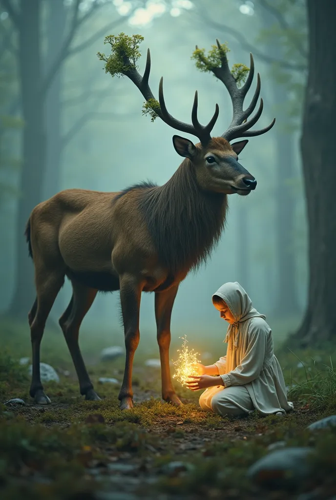 5. The Stag and the Silent Healer
In a misty valley, a quiet  draped in a simple white robe kneels beside an injured stag, their small hands glowing with an eerie golden light. The great creature, its antlers crowned with moss and flowers, watches the  wit...