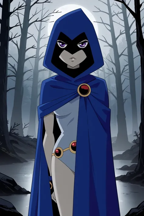 1girl, solo, raven (dc), purple eyes,grey skin, cape ripped, blue cape covered body, long blue cape, cape reaches the ground, standing, night, fog, forest, wind, cape blow of tbe wind, hood covered head, Looking at viewer, High Resolution, Best Quality, Ma...