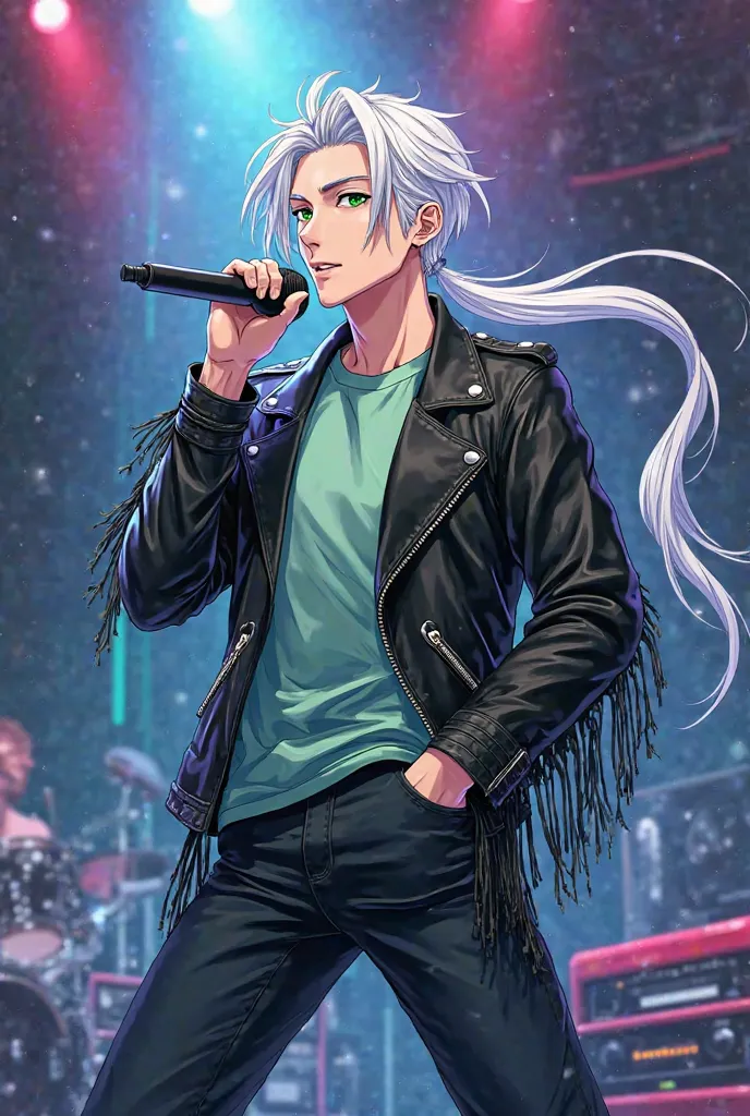 Seiya KOU handsome adult anime man smiling green eyes LONG WHITE HAIR TIED UP IN A LOW LONG PONYTAIL, black pants light green t-shirt fringed inside the pants black vinyl leather jacket black boots , singing with microphone in hand rehearsing for his conce...