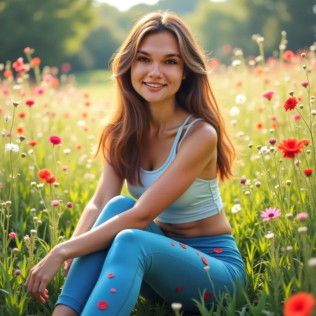 A young woman, Wearing blue gym leggings with strawberry designs, realistic portrait, high resolution photograph,  long brown hair, cheerful expression, relaxed posture, sitting on a green lawn with wild flowers,  soft light, vibrant colors,  fine details,...