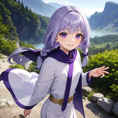  white clothes like ancient Greece　Purple Cape　Gray Hair　PURPLE thin highlights　Thin purple extensions with bangs 　white ancient Greek style clothes with braids on the left 　bob hair　Light purple eyes　smile　Running in the mountains is cute　solo　 　　is young