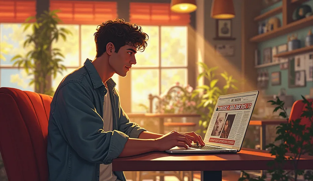 SCENE 5 – MONTHS LATER (CAFÉ, BRIGHT MORNING)
Ethan, now in casual clothes, typing on a laptop. A newspaper headline in front of him reads: "New Author’s Debut Novel Gains Attention!"