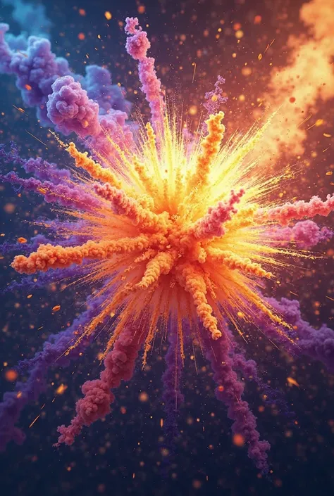 Create a vibrant 3D illustration of an explosion bursting with dynamic energy, featuring a stunning color palette of bright yellow, deep purple, and electric blue. The explosion should have a sense of motion and depth, with glowing particles and radiant li...