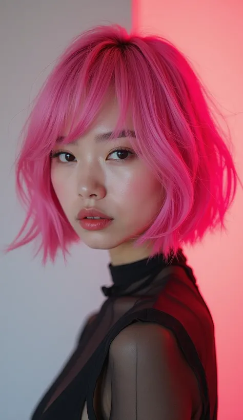 Asian woman She has short bob pink hair she look like Lisa black pink