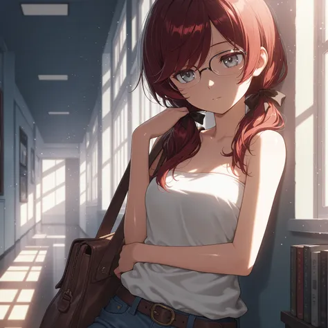 masterpiece, best quality, amazing quality,depressed, expressionless, :|, girl, solo, light particles, thin, close up, books, dark red hair, glasses, swept bangs, low twin tails, hair ribbons, stoic, gray eyes, white strapless shirt, jeans, shadows, hallwa...