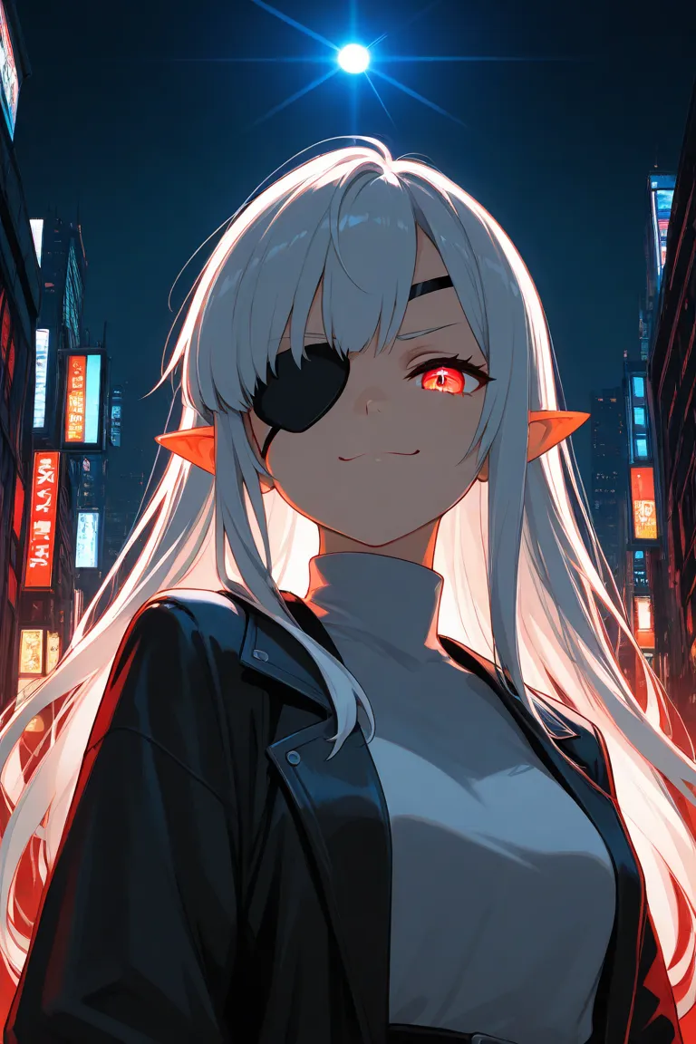 1 girl, (Alone), anime girl with long gray hair and red eyes , White Hair Girl, girl in white turtleneck, ((Eye patch)), pointed ears, (()),  grins,  smug , closed her mouth, cowboy shooting,  完璧なWhite Hair Girl , White-haired goddess,  Digital Cyberpunk A...