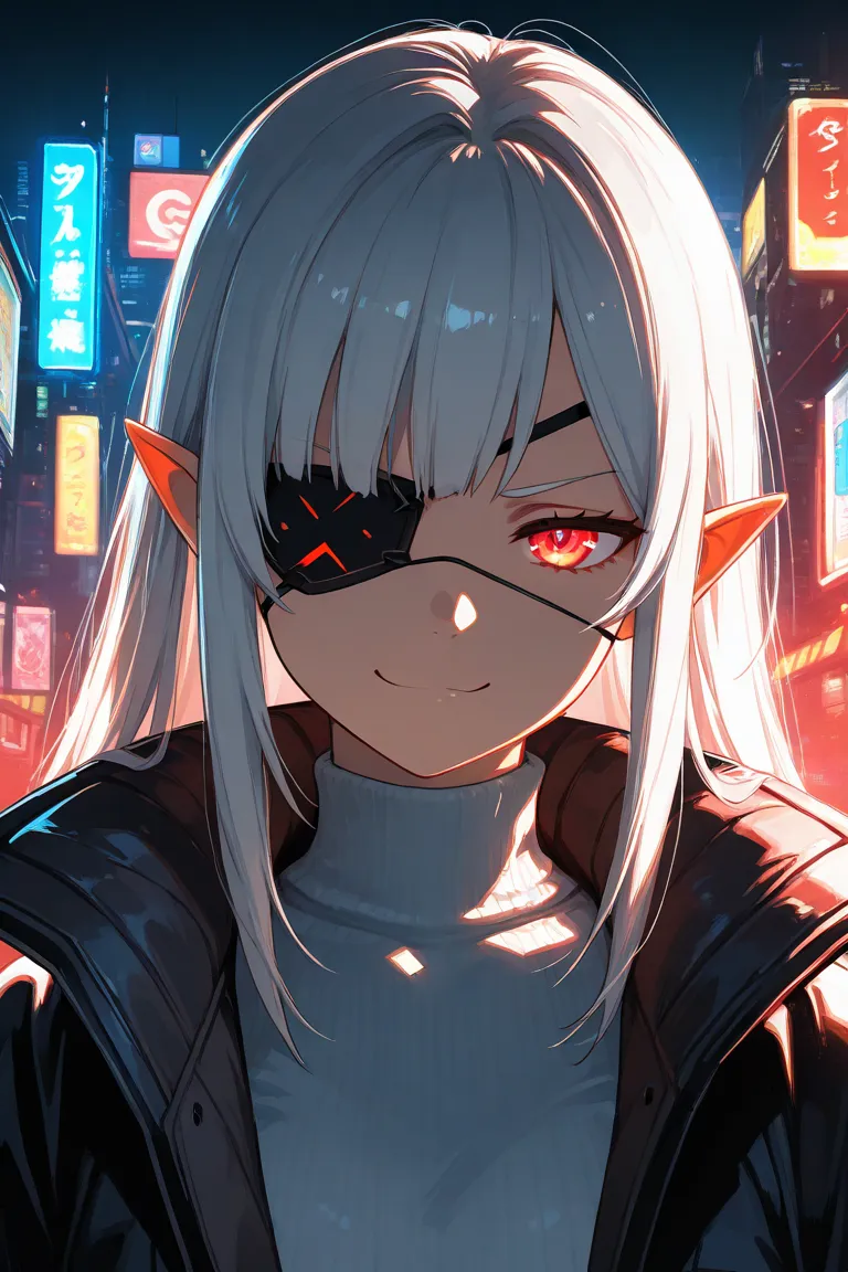 1 girl, (Alone), anime girl with long gray hair and red eyes , White Hair Girl, girl in white turtleneck, ((Eye patch)), pointed ears, (()),  grins,  smug , closed her mouth, cowboy shooting,  完璧なWhite Hair Girl , White-haired goddess,  Digital Cyberpunk A...