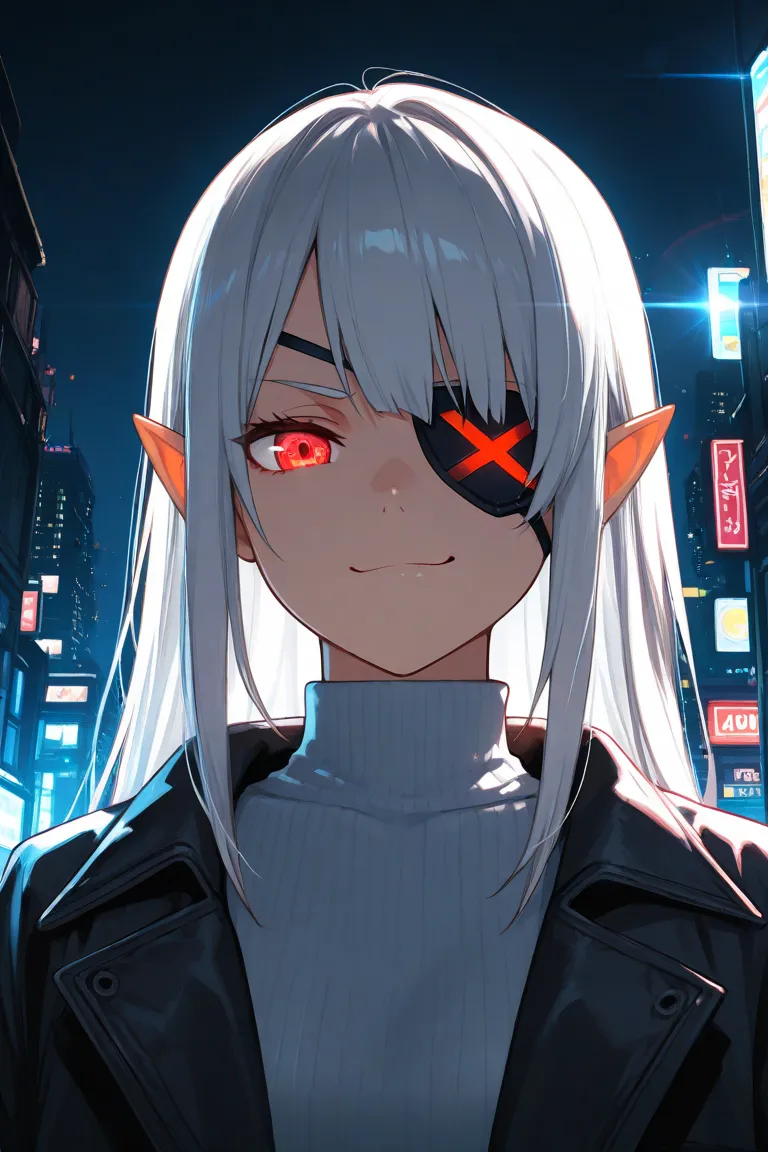 1 girl, (Alone), anime girl with long gray hair and red eyes , White Hair Girl, girl in white turtleneck, ((Eye patch)), pointed ears, (()),  grins,  smug , closed her mouth, cowboy shooting,  完璧なWhite Hair Girl , White-haired goddess,  Digital Cyberpunk A...