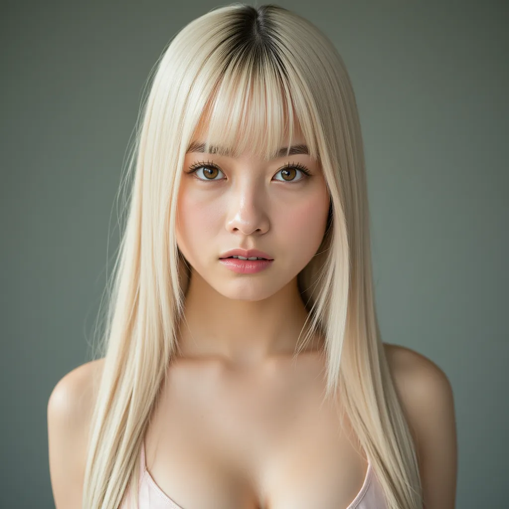 Silky smooth hair、white blond、Flush the bangs、 hairstyle is straight、Long hair up to chest、and her whole body is in the picture、swimsuit、ponytail