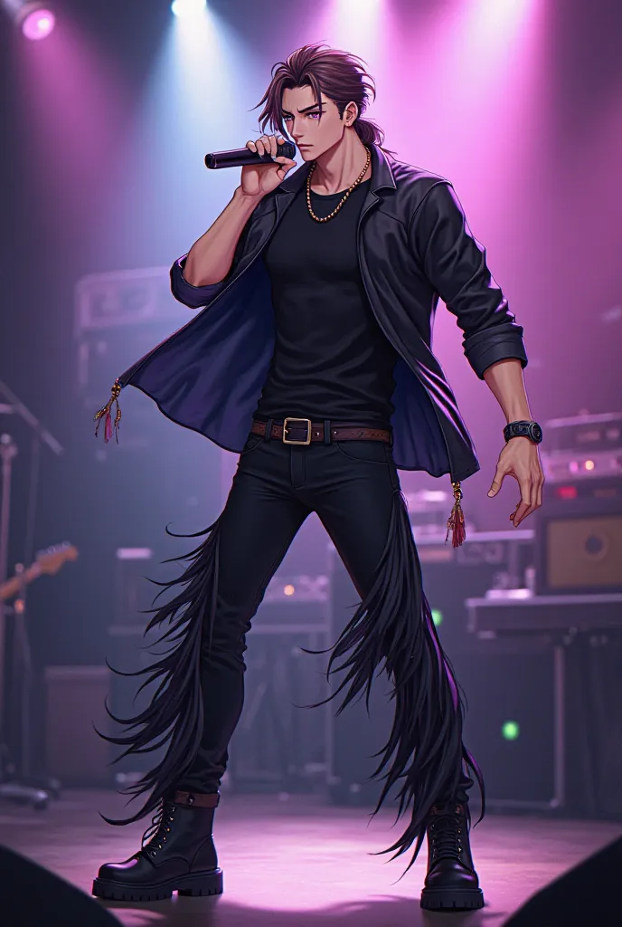 Seiya KOU handsome adult man anime smiling purple eyes LONG BROWN HAIR TIED UP IN A LOW LONG PONYTAIL, black pants black t-shirt fringed inside the pants black vinyl jacket black boots , singing with microphone in hand rehearsing for his concert,Full body ...