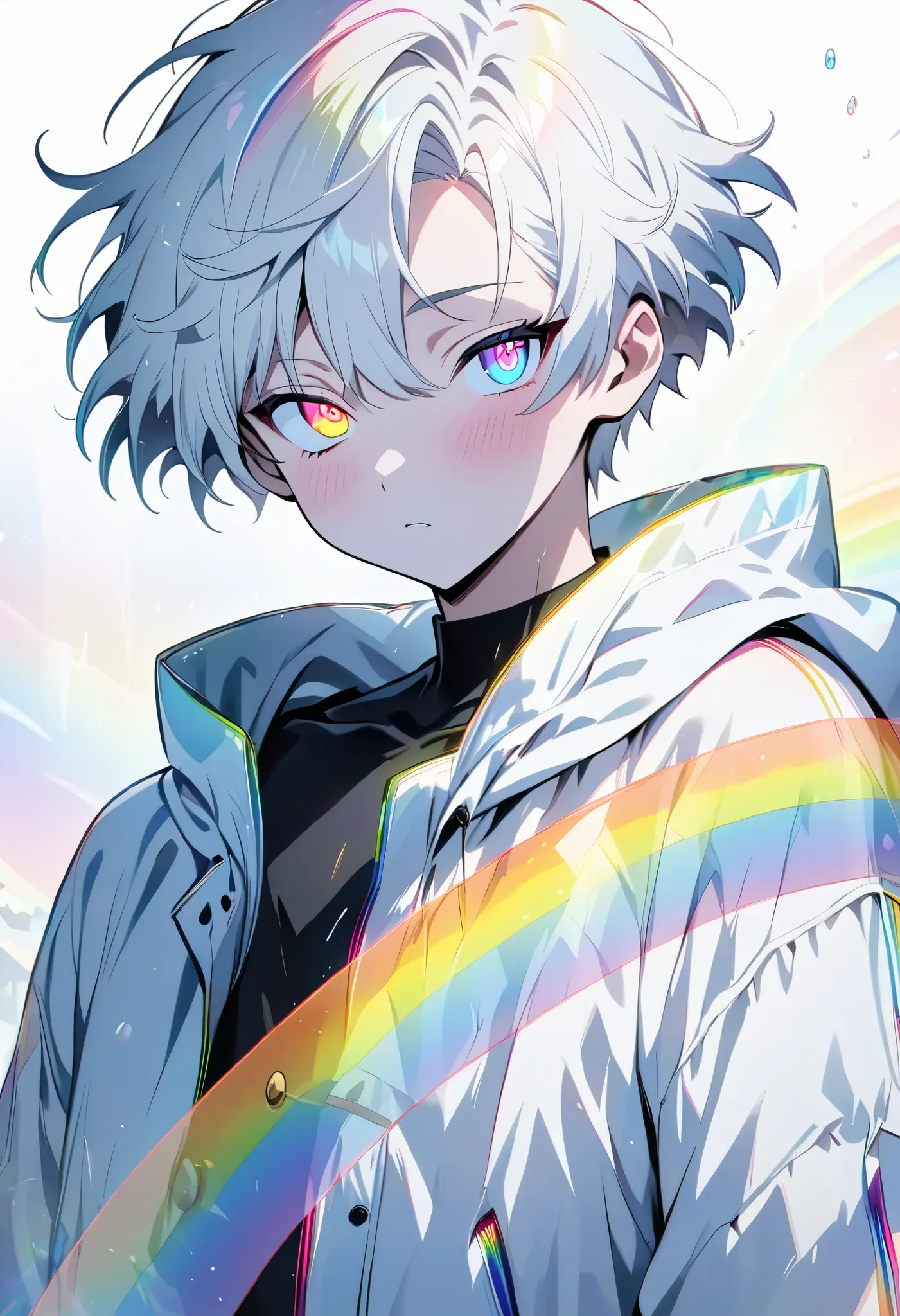 [(WHITE BACKGROUND:1.5)], ((masterpiece)), high quality, ((solo)), ((1 younger boy)), (white color short hair), (rainbow color eye), bright skin, white parka, ((anime style)), (clock rainbow effect:1.3),