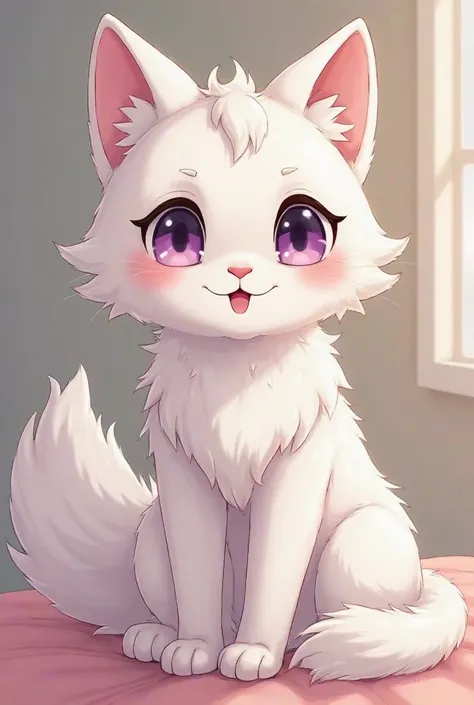 Make me an anthropomorphic white cat like Furry 2D drawing in white color with purple eyes and that is blushing ,You have to be naked in a bed a little +18 make him have sex with an anthropomorphic brown wolf with black eyes