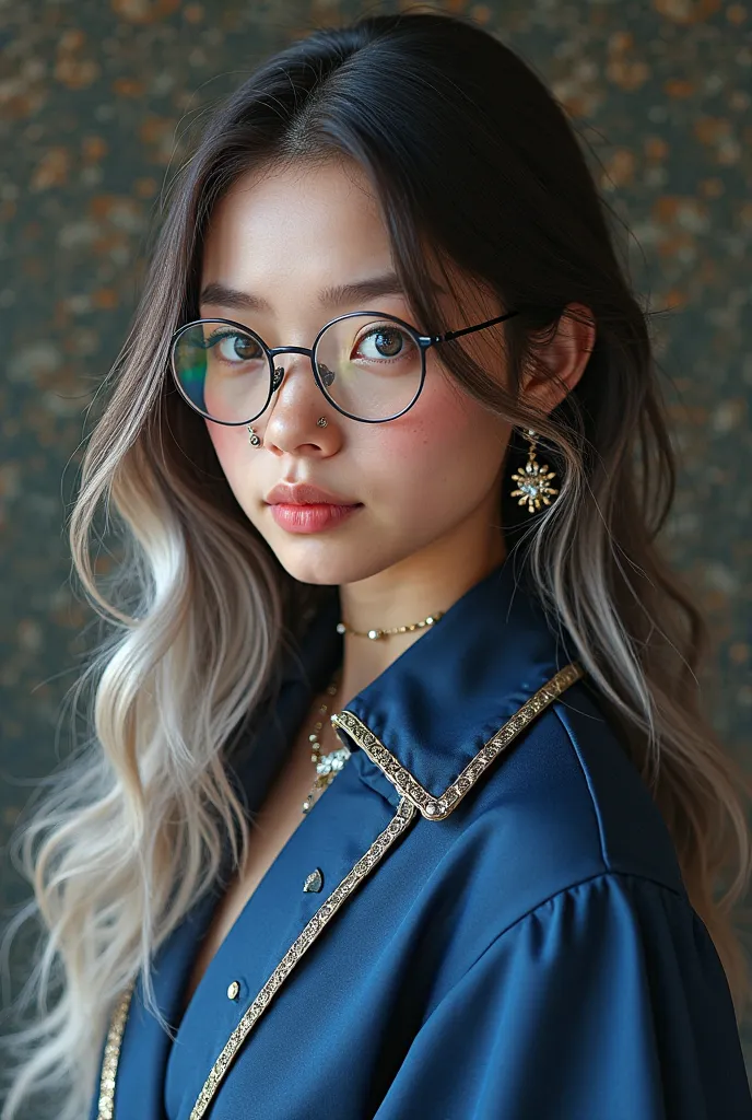 a realistic portrait of a 17-year-old with a captivating blend of white and 1/4 Korean features. Her fair skin is lightly dusted with freckles, and her dark blue eyes shine behind chic round glasses. Her hair is long, with soft, defined waves that create a...